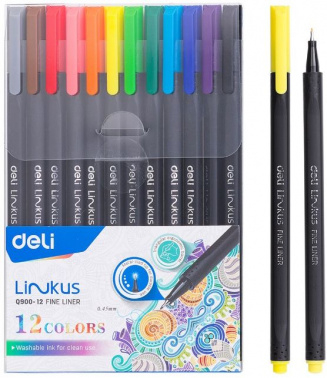 1204879 Набор ручек капиллярных Deli Linkus (EQ900-12) d=0.45мм ассорти игловидный пишущий наконечник линия 0.45мм 12цв.