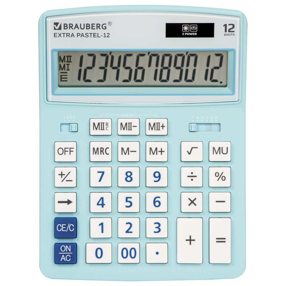 250486 Калькулятор настольный BRAUBERG EXTRA PASTEL-12-LB (206х155 мм), 12 разрядов, двойное питание, ГОЛУБОЙ