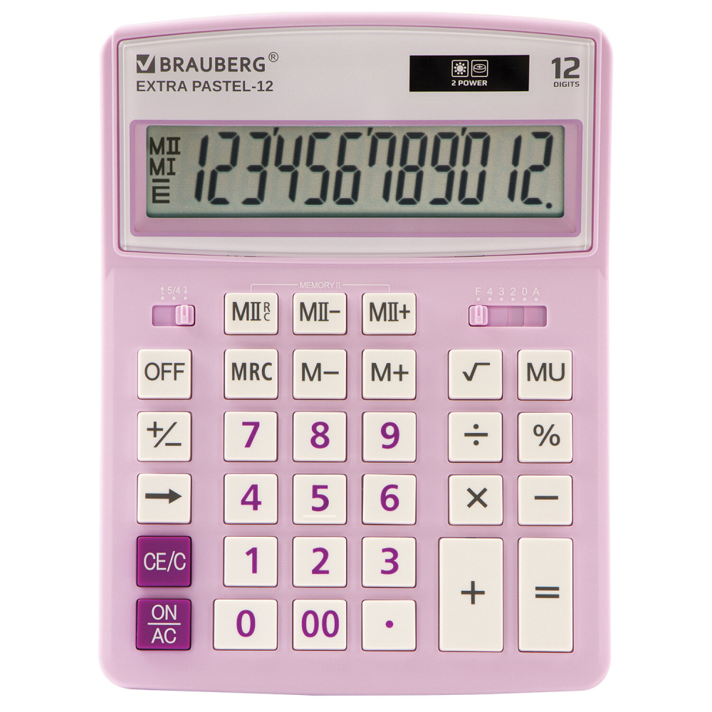 250489 Калькулятор настольный BRAUBERG EXTRA PASTEL-12-PR (206Ч155 мм), 12 разрядов, двойное питание, СИРЕНЕВЫЙ