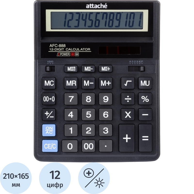 2003952 Калькулятор настольный Attache AFС-888 12-разрядный черный 210х165 мм