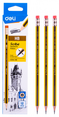 1482554 Карандаш ч/г Deli EC004-HB Scribe HB шестигран. тополь карт.кор. (12шт) ластик