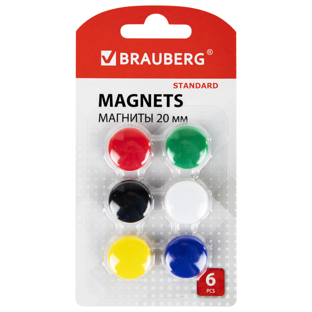 237469 Магниты МАЛОГО ДИАМЕТРА 20 мм, НАБОР 6 шт., ассорти, BRAUBERG «STANDARD»