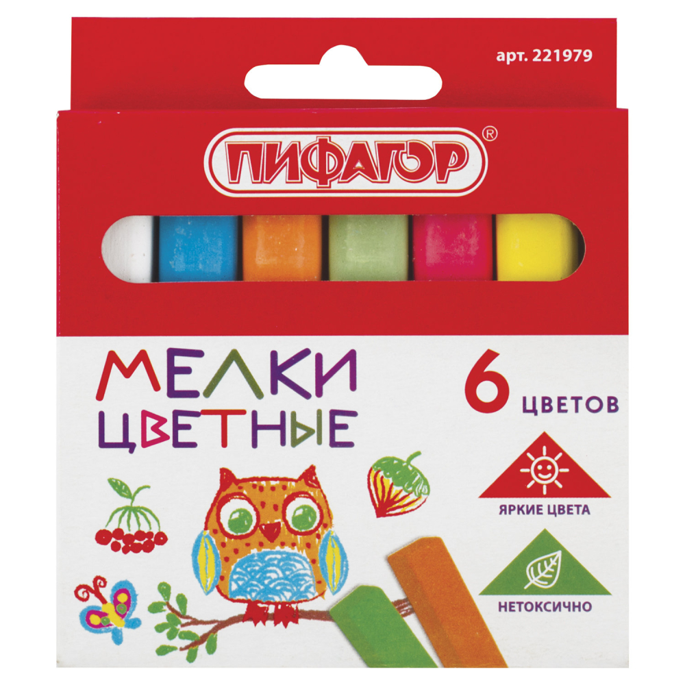 221979 Мел цветной квадратный 6 штук, ПИФАГОР, картонная упаковка, европодвес
