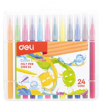 1028889 Фломастеры Deli EC10324 Color Emotion кисть смываемые 24 цвета пластиковый пенал (24 шт)