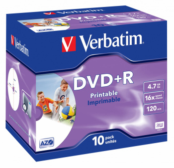 44043 Диск DVD+R Verbatim 4.7Gb 16x Jewel case (10шт) Printable (43508)