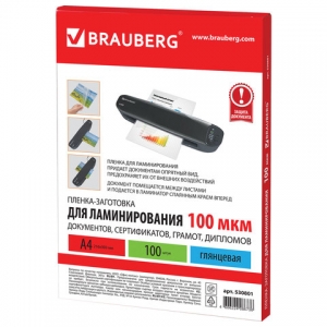 530801 Пленки-заготовки для ламинирования А4, КОМПЛЕКТ 100 шт., 100 мкм, BRAUBERG