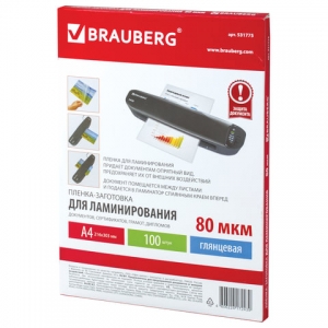 531775 Пленки-заготовки для ламинирования А4, КОМПЛЕКТ 100 шт., 80 мкм, BRAUBERG